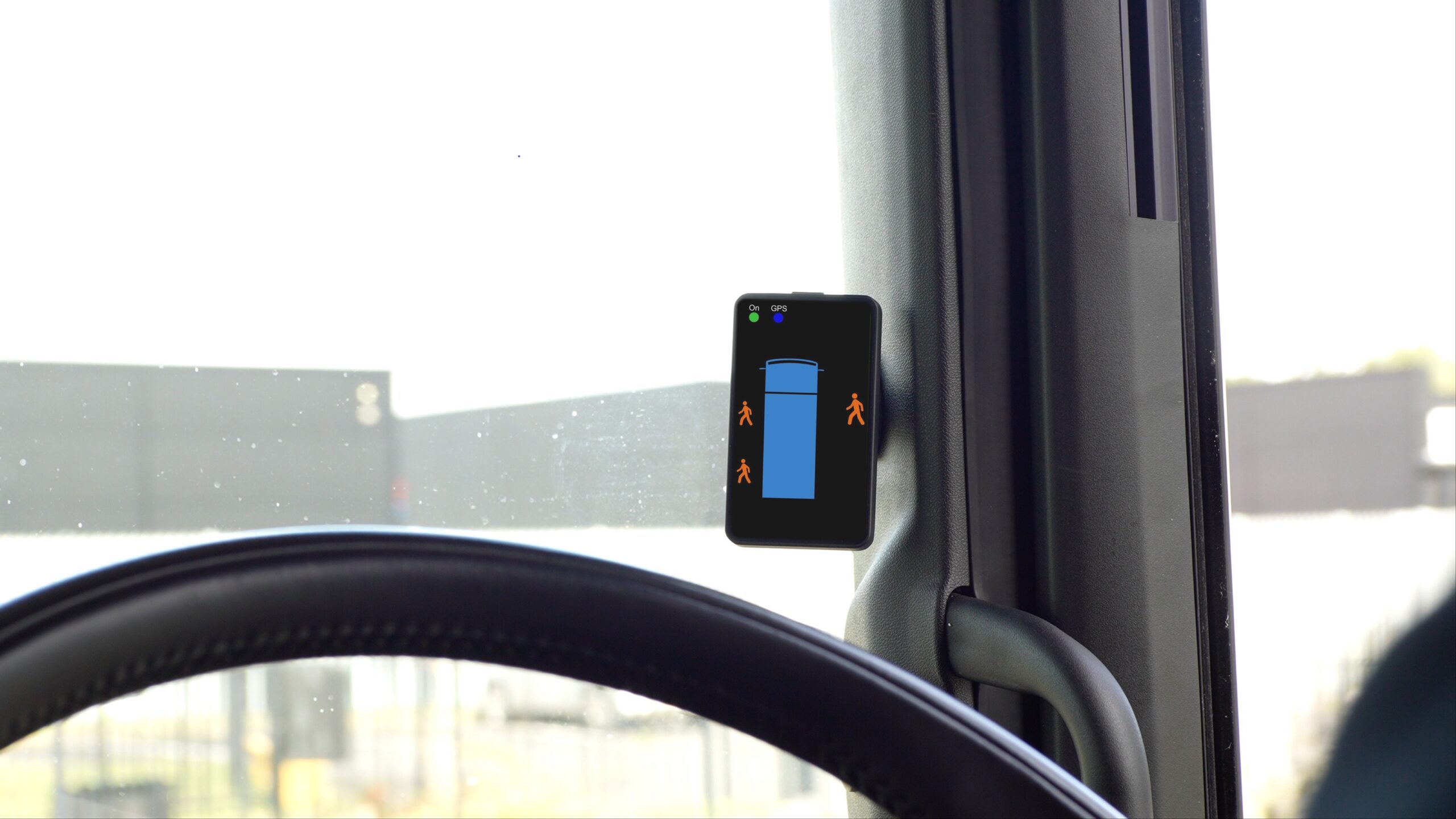 In-cab Vulnerable Road User display showing pedestrian detection around a vehicle